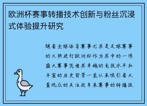 欧洲杯赛事转播技术创新与粉丝沉浸式体验提升研究