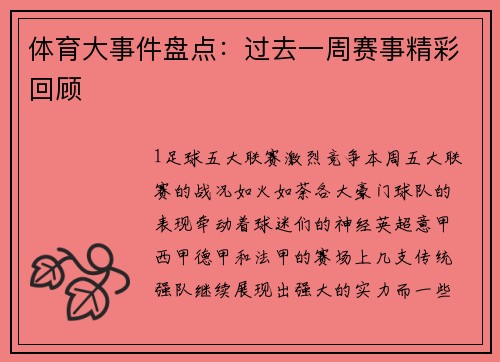 体育大事件盘点：过去一周赛事精彩回顾